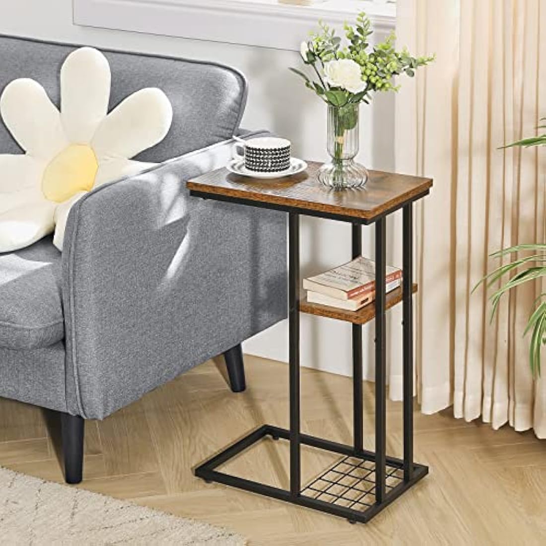 YMYNY C-Shaped End Table – Industrial Side Table for Small Spaces, Brown
