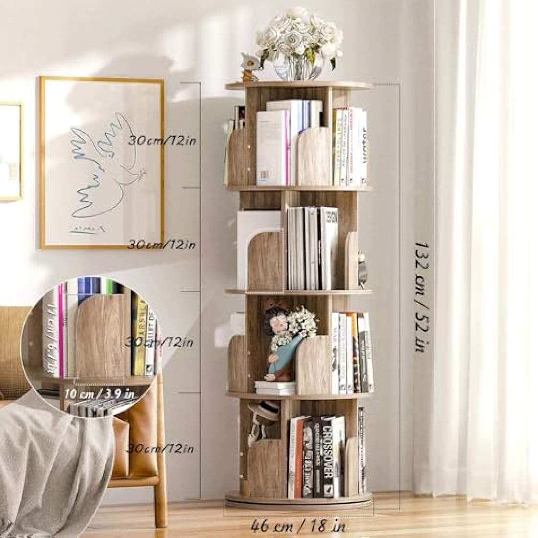Nisorpa 4-Tier Rotating Bookshelf | 360° Spinning Wooden Bookcase
