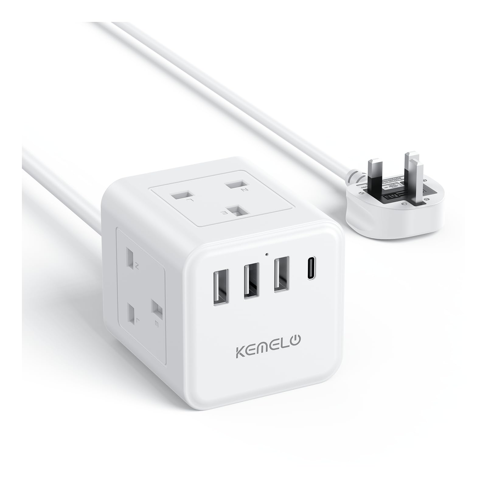 Kemelo Cube Extension Lead | 4 Way Multi Plug with 4 USB Slots, 1.5M