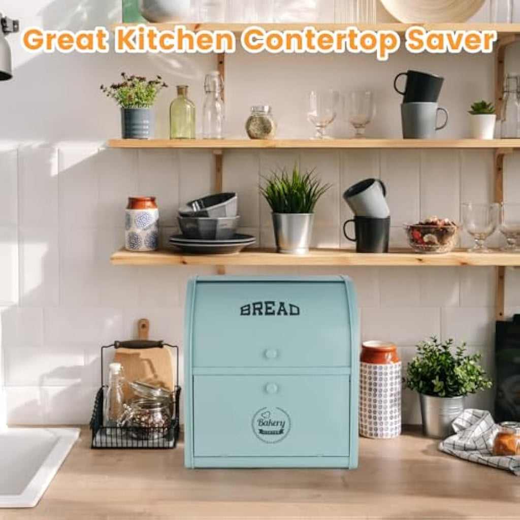 Jolof Store 2-Layer Metal Bread Bin – Large Roll Top Bread Box, Green