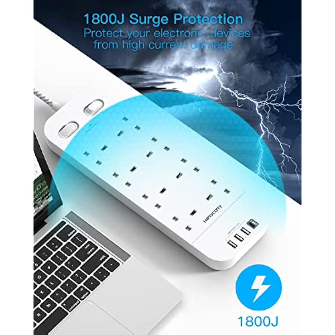 Jolof Store 8-Way Power Strip – 10FT Extension Lead with 4 USB Ports