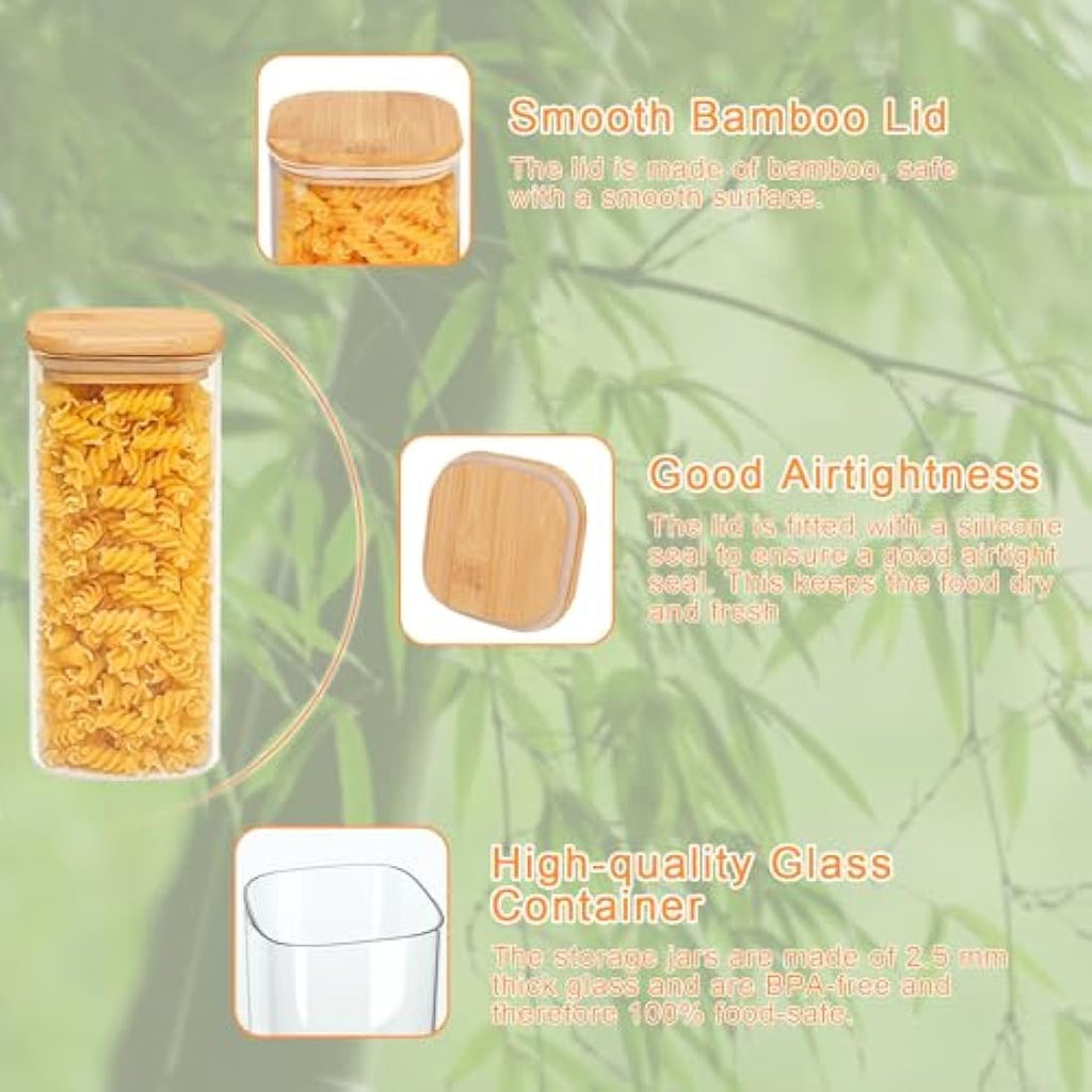 Jolof Store 2100ml Glass Storage Jars with Bamboo Lids - 3 Pack Square