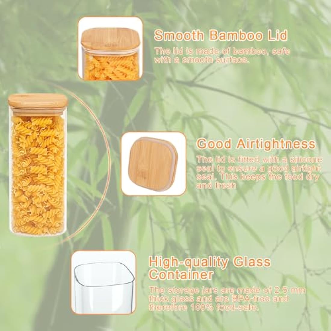 Jolof Store 2100ml Glass Storage Jars with Bamboo Lids - 3 Pack Square