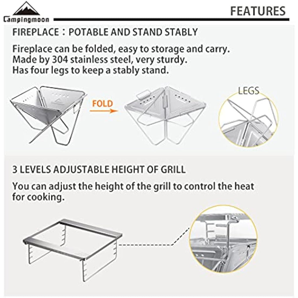 Campingmoon 3-in-1 Portable Stainless Steel Wood Burning Grill & Fire Pit