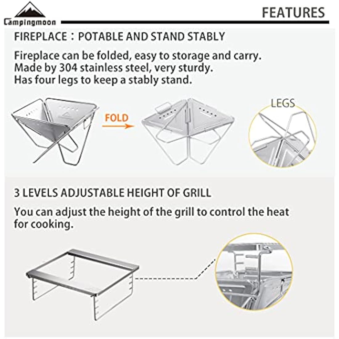 Campingmoon 3-in-1 Portable Stainless Steel Wood Burning Grill & Fire Pit
