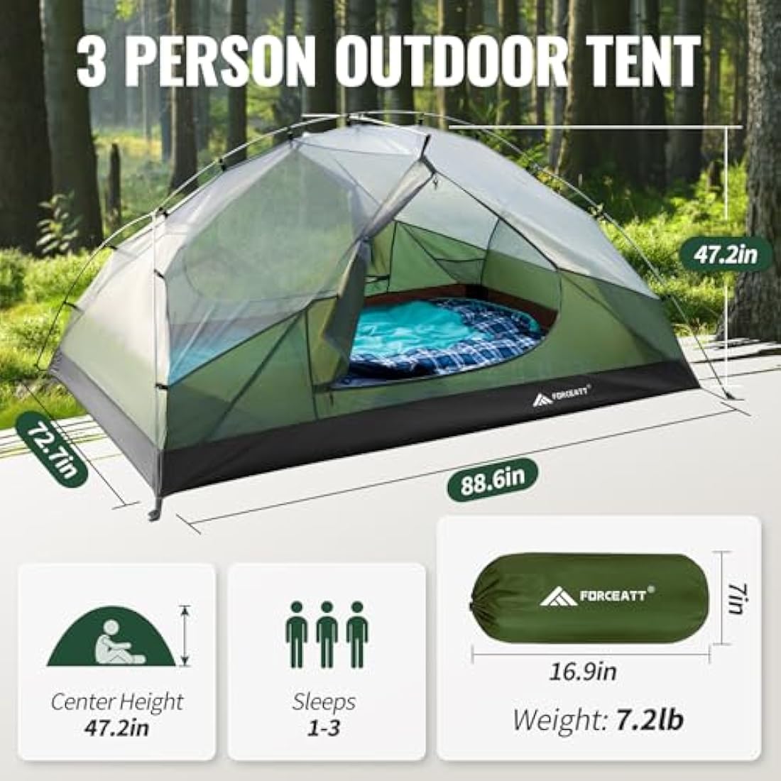 Forceatt 3-Person Backpacking Tent | PU3000mm Waterproof Camping Tent