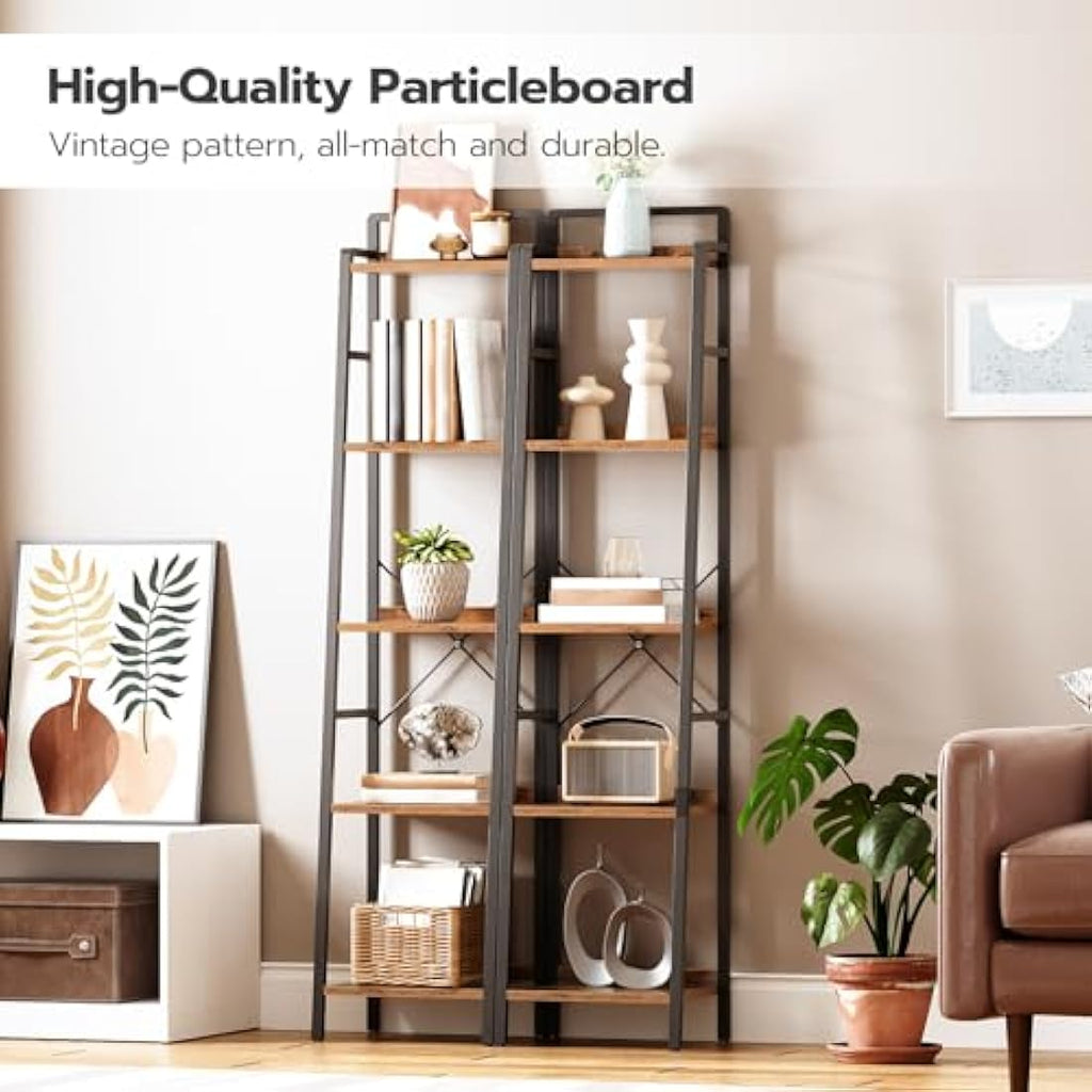 HOOBRO 5-Tier Ladder Shelf – Narrow Industrial Bookcase, Rustic Brown