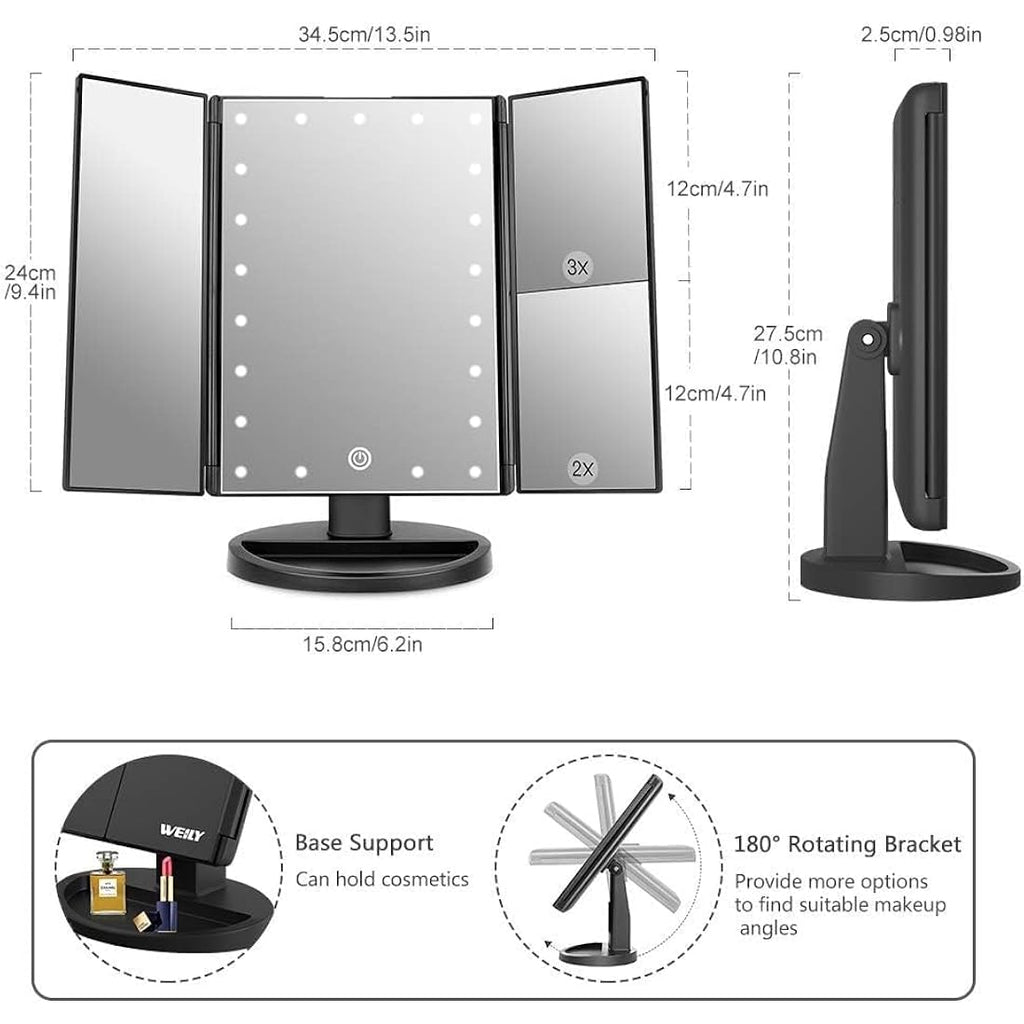 Jolof Store Lighted Makeup Mirror – 2X/3X Magnifying Trifold LED Mirror