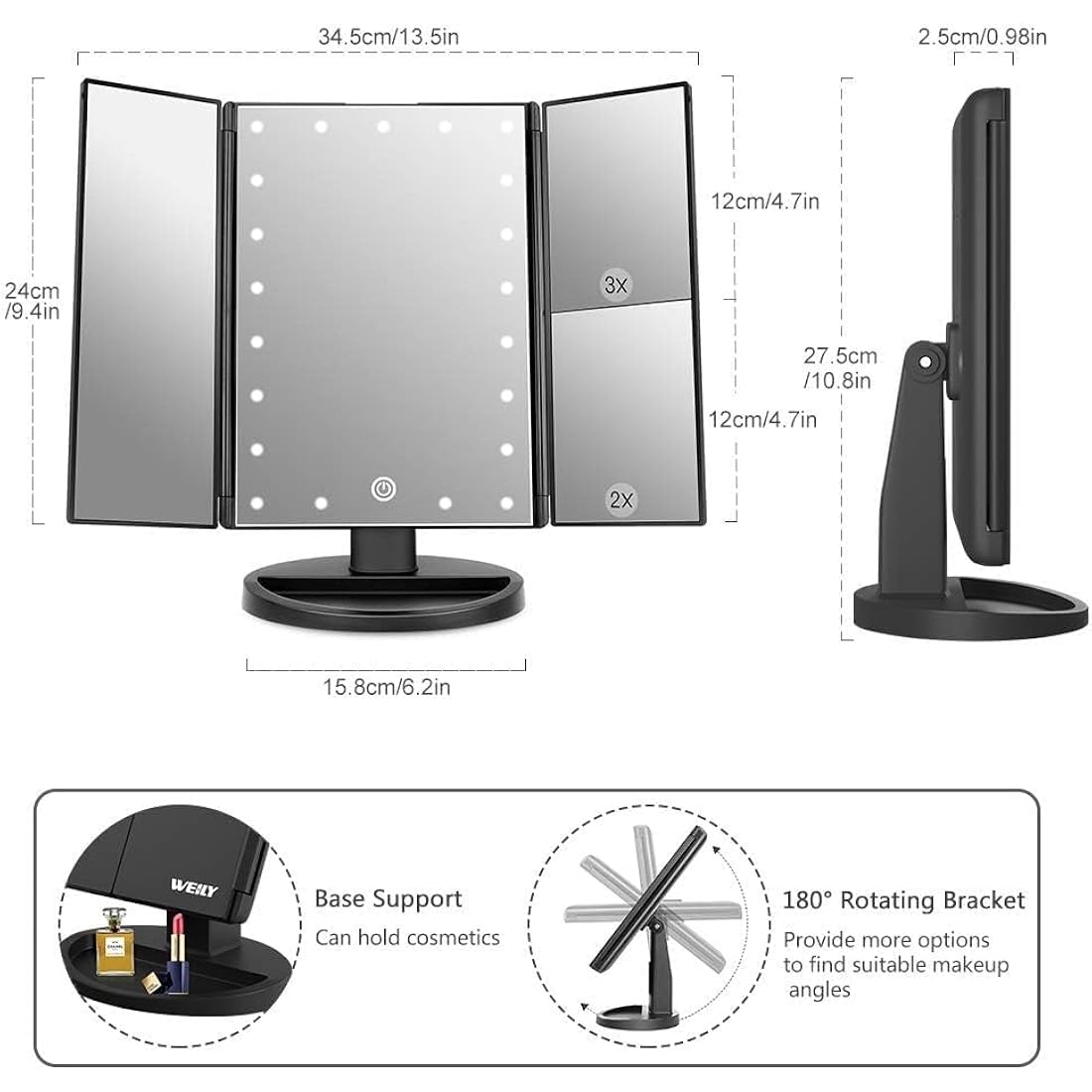 Jolof Store Lighted Makeup Mirror – 2X/3X Magnifying Trifold LED Mirror