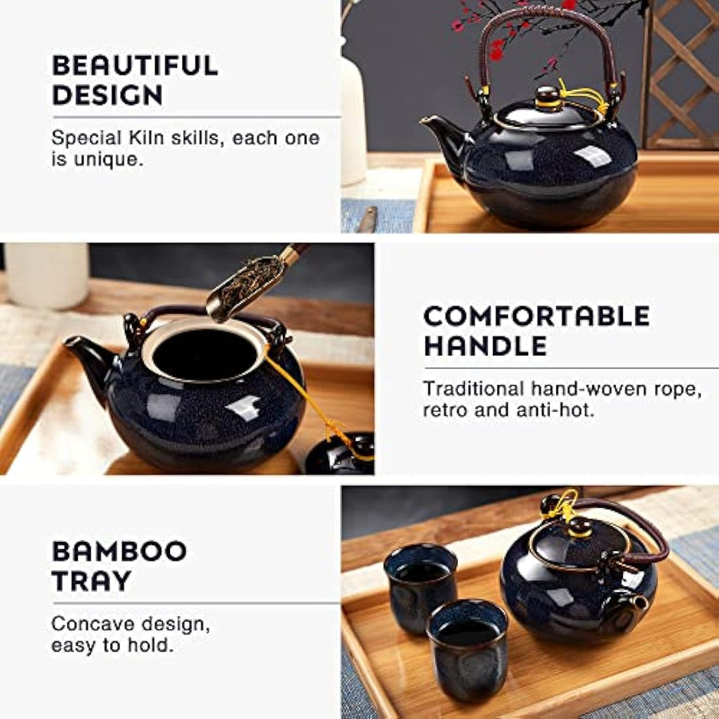 DUJUST Japanese Porcelain Tea Set - Kiln Glaze Teapot & 6 Cups with Tray