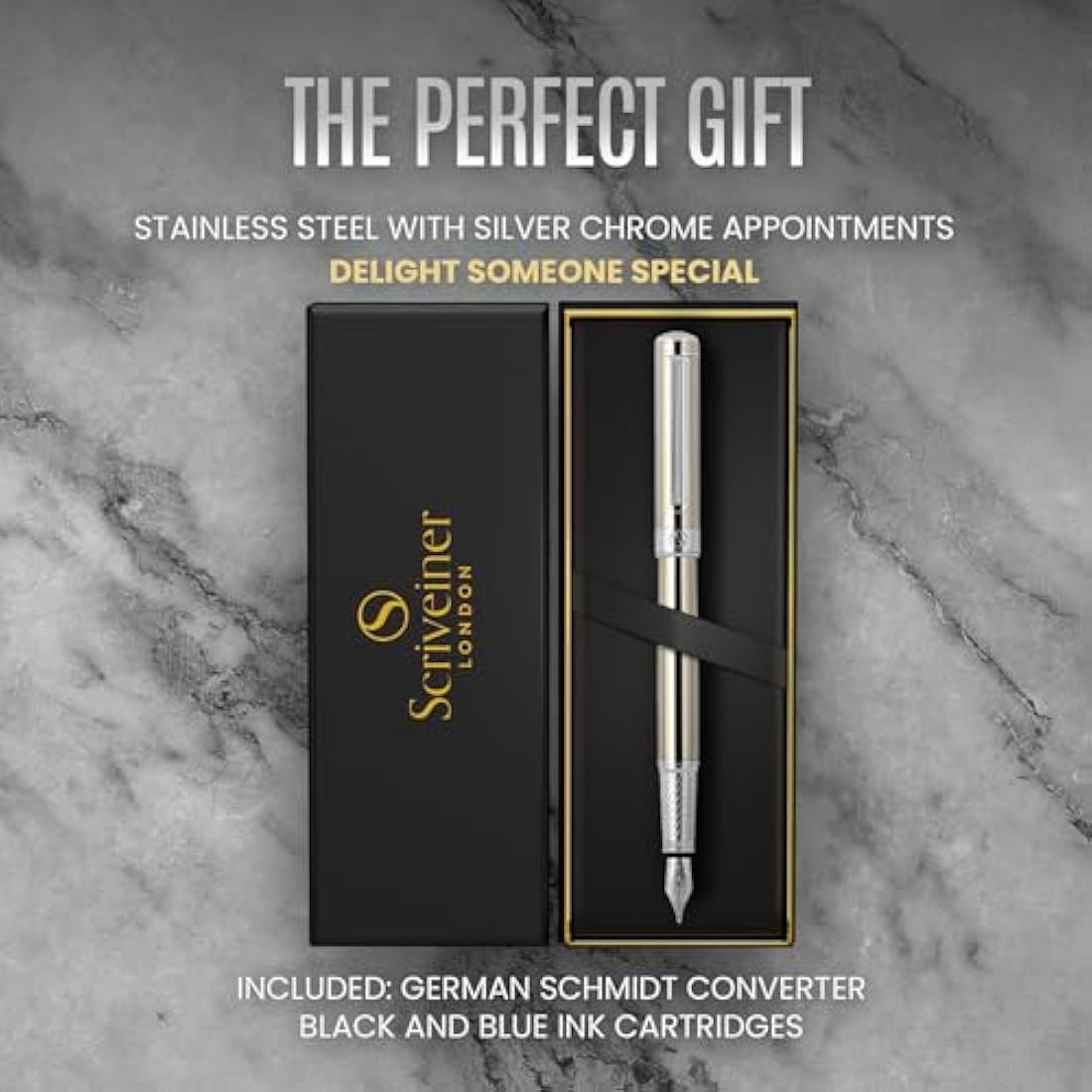 Scriveiner Stainless Steel Fountain Pen – Medium Schmidt Nib Luxury Pen