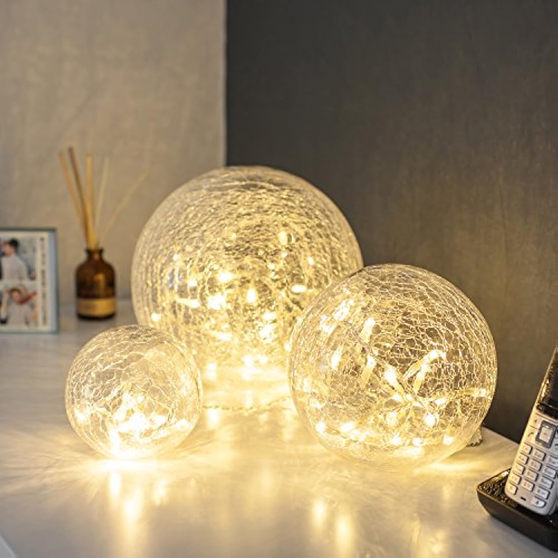 Set of 3 Crackled Glass LED Orbs – Warm White Battery Lights