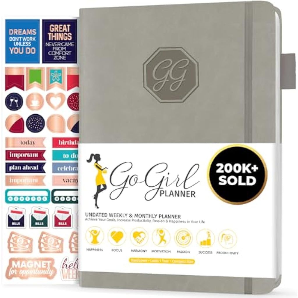 GoGirl Undated Weekly Planner – Compact Eco-Leather Goal Journal, Grey