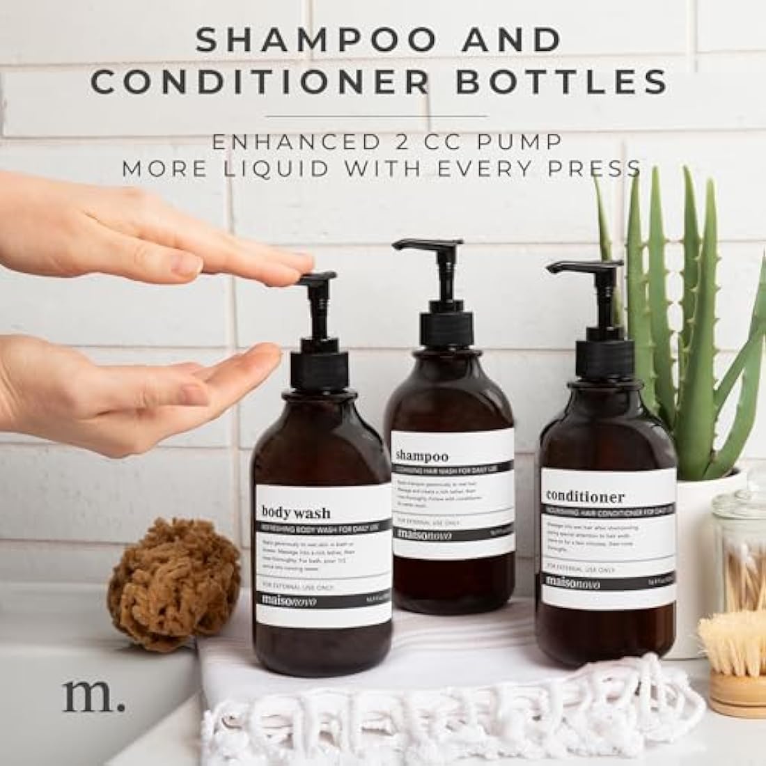 MaisoNovo Refillable Shampoo and Conditioner Bottles - 3 Pack Amber 500ml