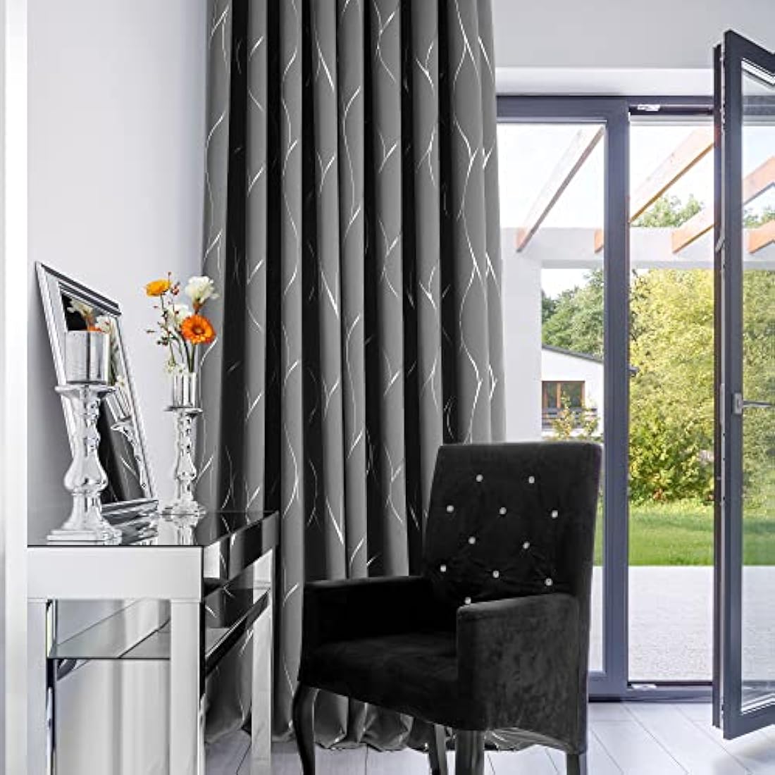 Deconovo Light Grey Blackout Curtains | Silver Wave Foil Print | 66x54