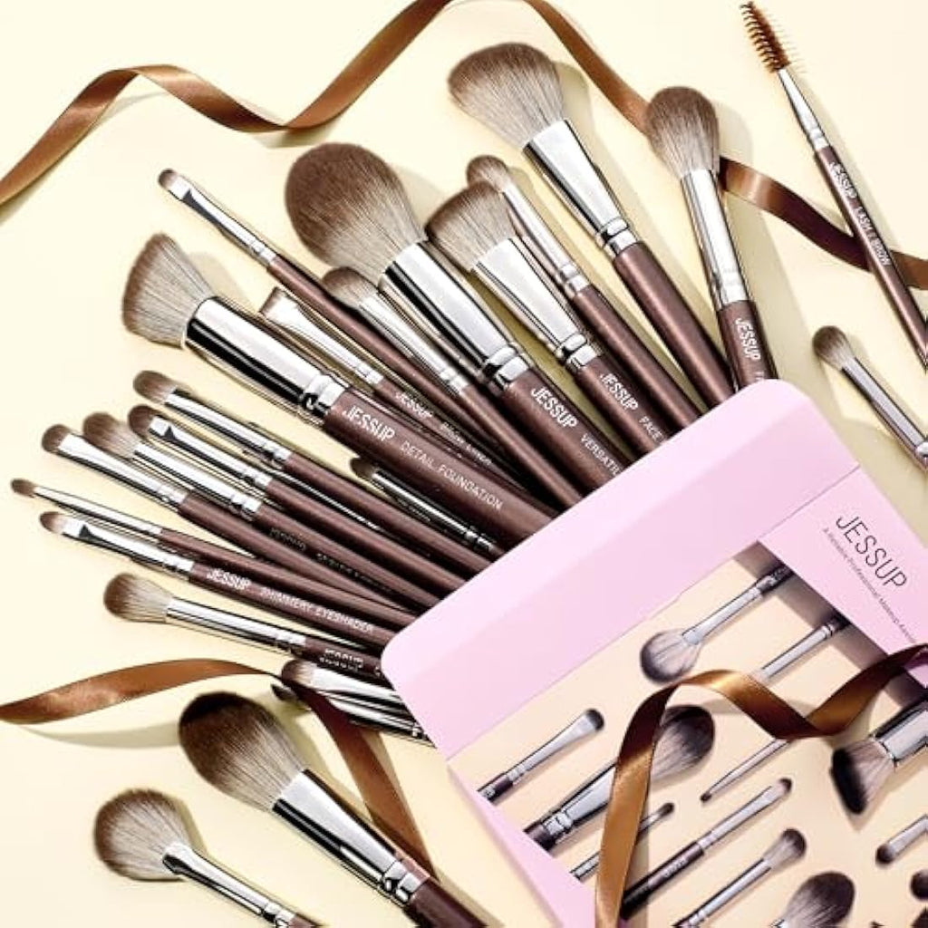 Jessup 25pcs Professional Makeup Brushes Set | Premium Synthetic - Brown