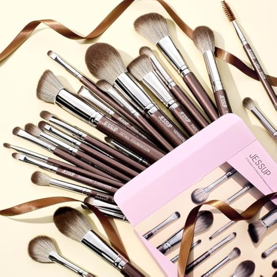 Jessup 25pcs Professional Makeup Brushes Set | Premium Synthetic - Brown