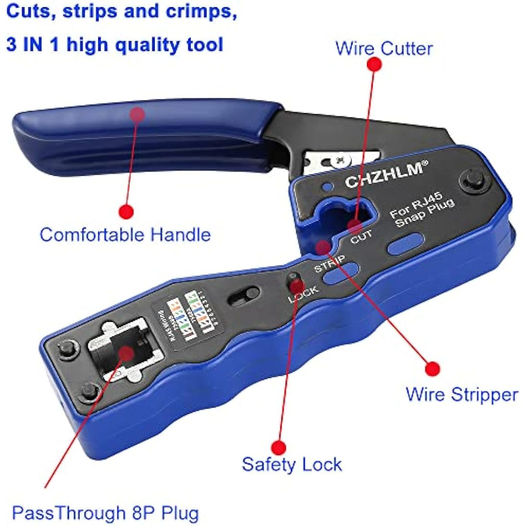 CHZHLM RJ45 Pass Through Crimp Tool Kit with Cat6 Connectors & Tester