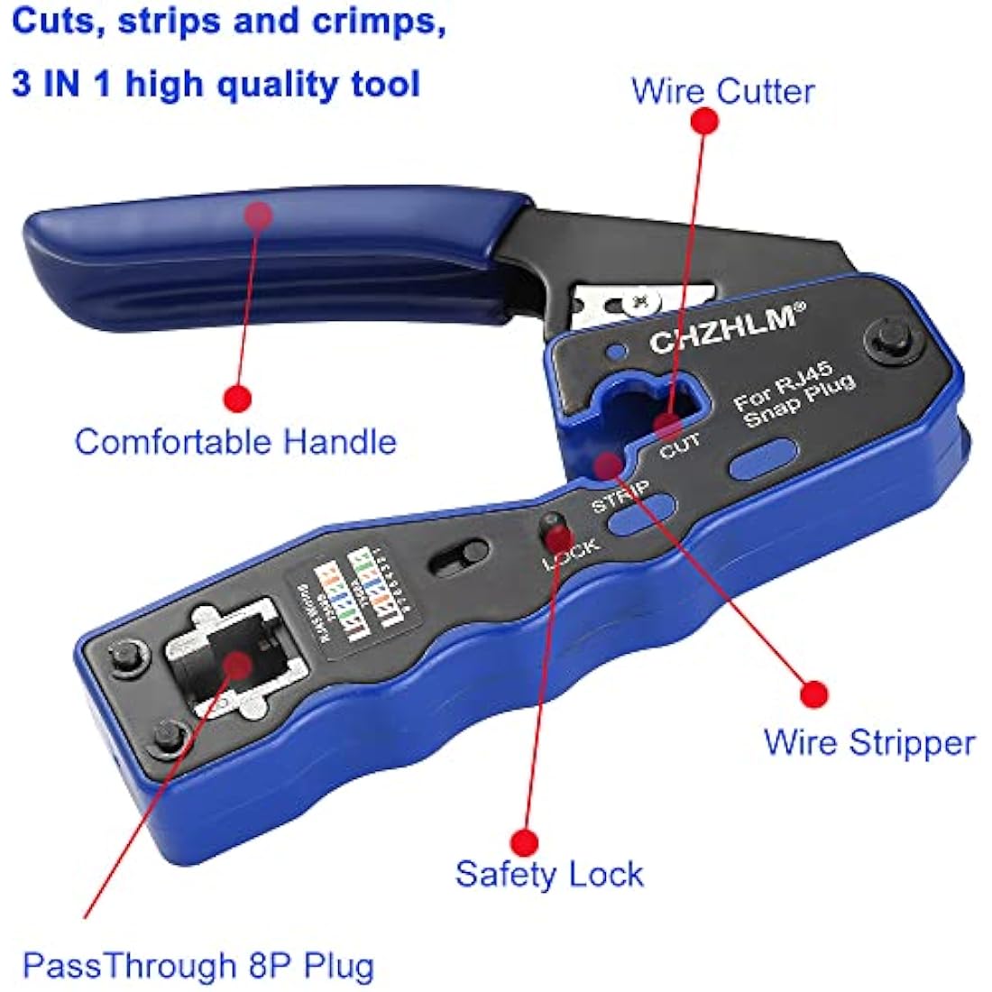 CHZHLM RJ45 Pass Through Crimp Tool Kit with Cat6 Connectors & Tester