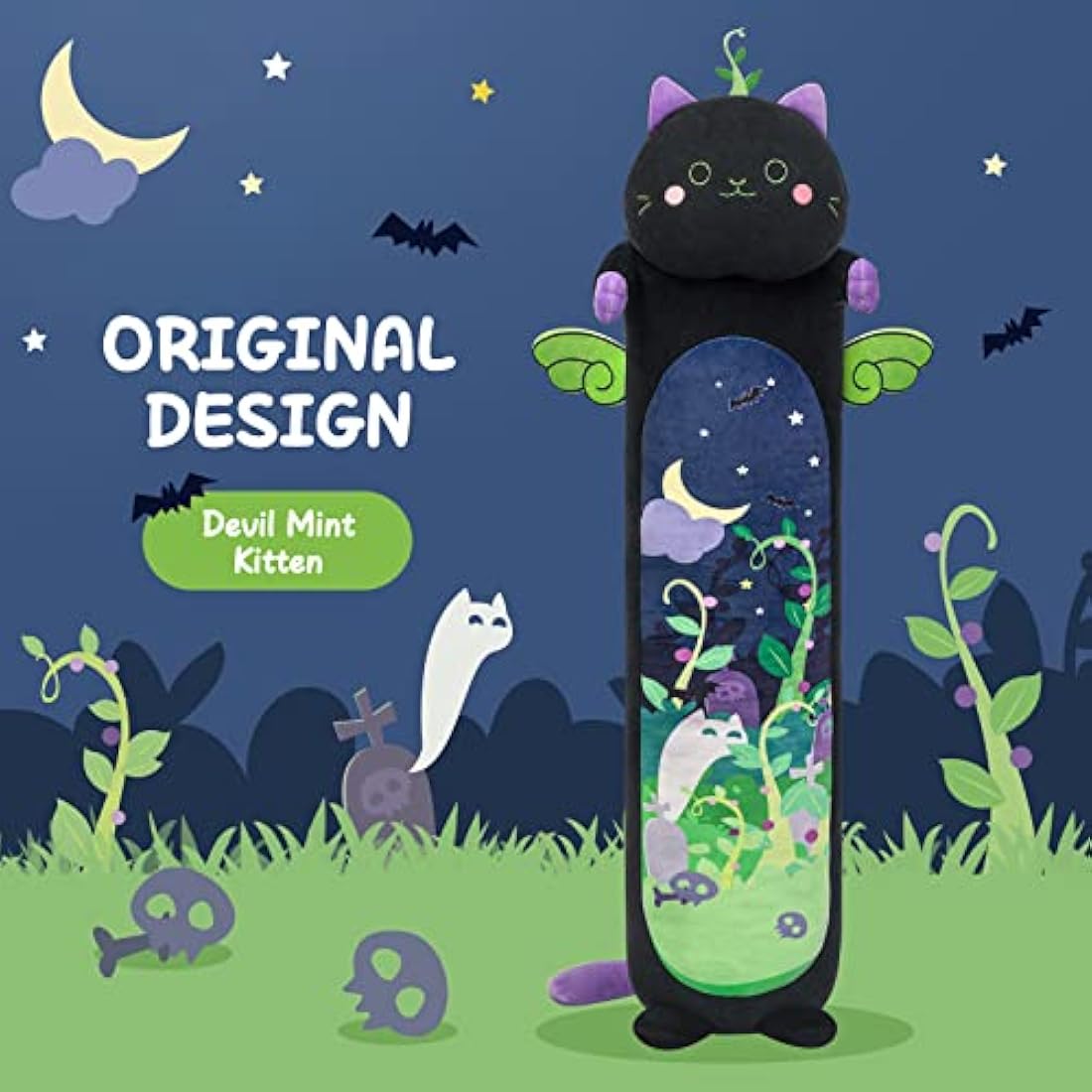 Mewaii 20in Long Devil Mint Cat Plush Pillow – Soft Black Hugging Toy