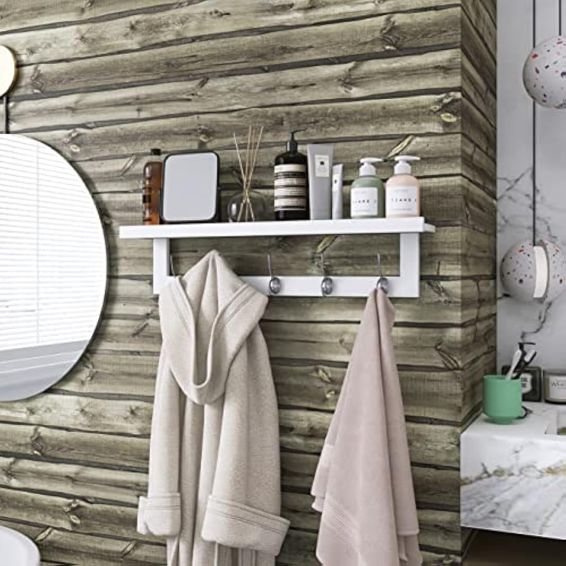 SMIBUY Bamboo Wall-Mounted Coat Rack with Shelf - 5 Double Hooks, White