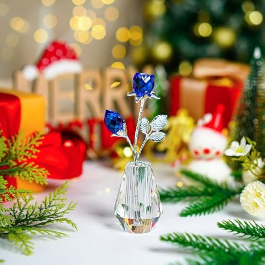 H&D Hyaline & Dora Crystal Blue Roses Figurine with Silver Stem and Vase