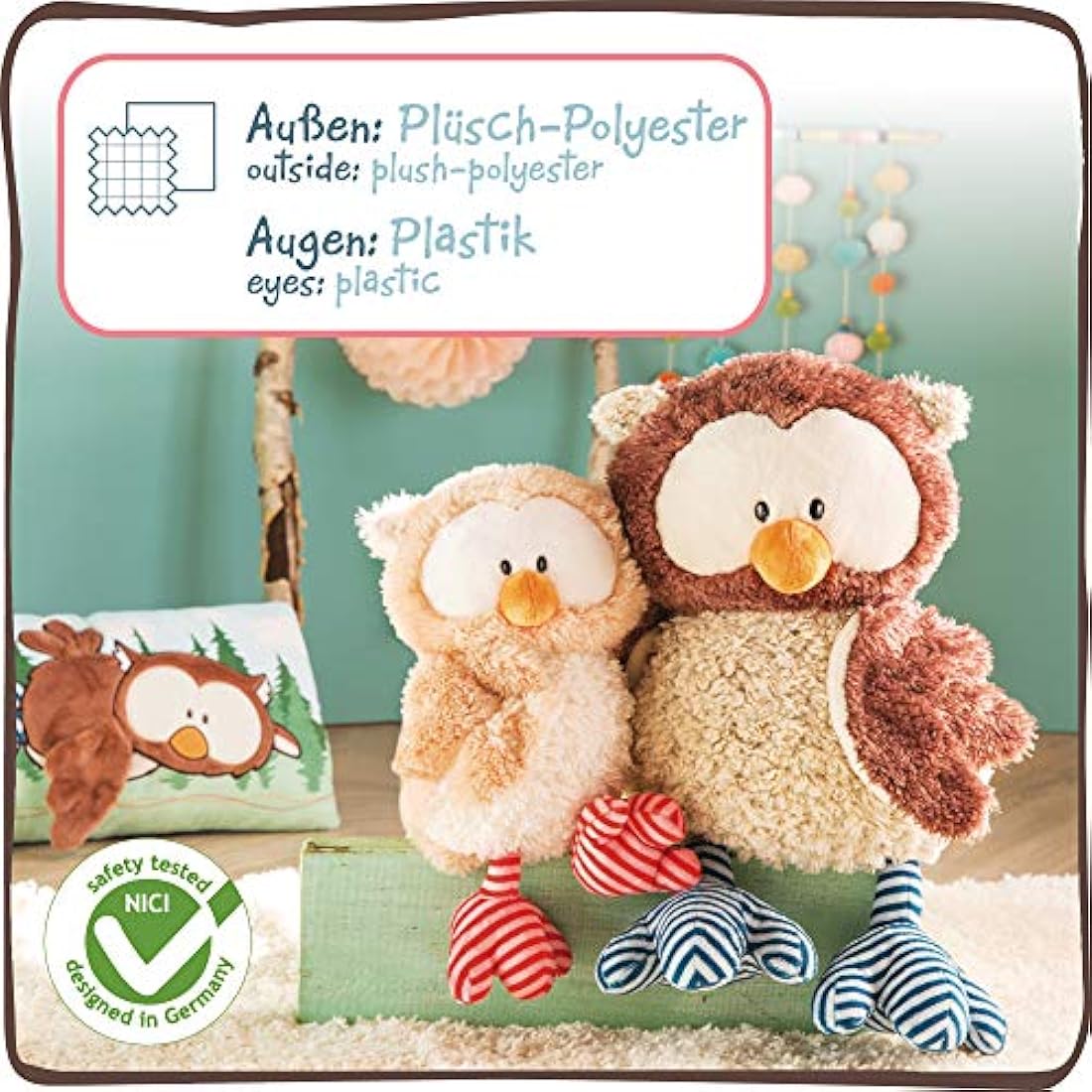 NICI Owluna Plush Toy – 35cm Cuddly Owl with Turnable Head, Beige/Pink