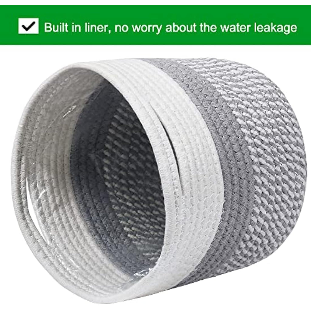 Woven Cotton Plant Pot Basket with Liner - White & Grey