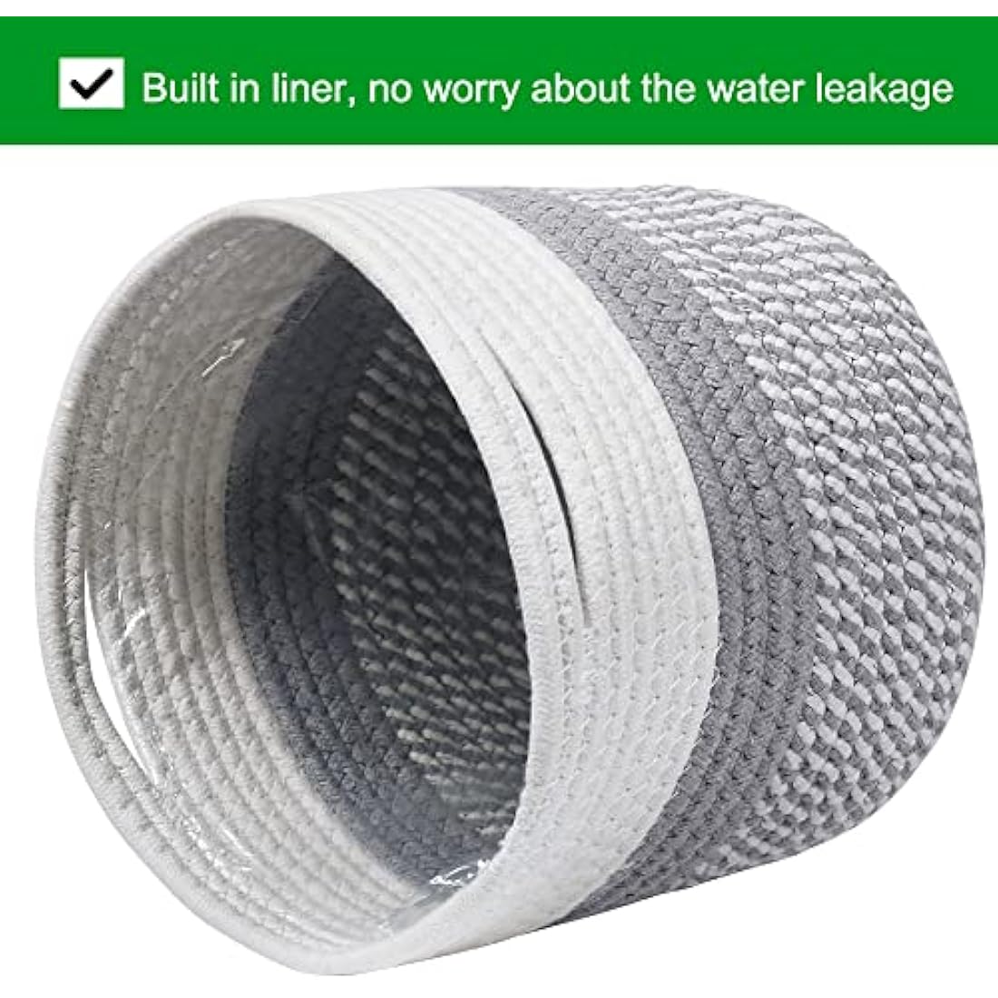 Woven Cotton Plant Pot Basket with Liner - White & Grey