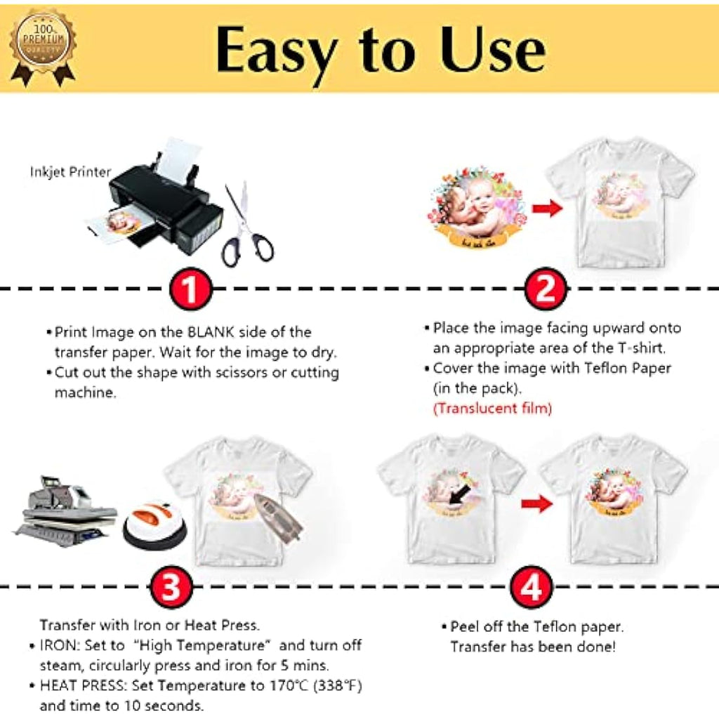 TransOurDream Inkjet Heat Transfer Paper for Light Fabrics - 100 Sheets