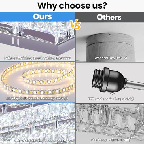 Finktonglan 15” Square Crystal LED Flush Mount Ceiling Light – 6500K