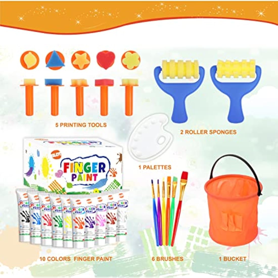 BLOT Washable Finger Paint Set for Kids – 10 Colors with 15 Tools