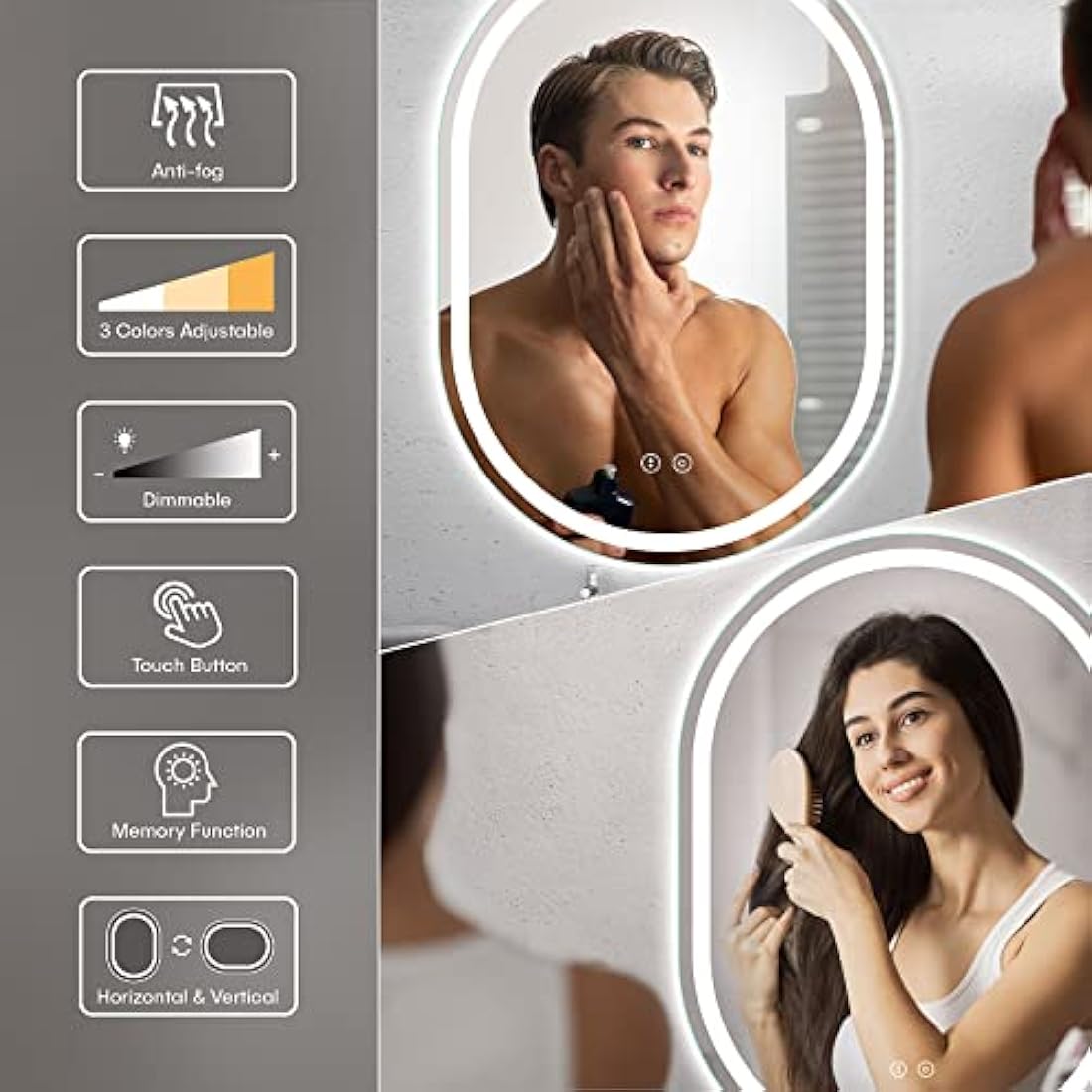 Dripex 50x70cm Oval LED Bathroom Mirror | Anti-Fog Dimmable Vanity Light