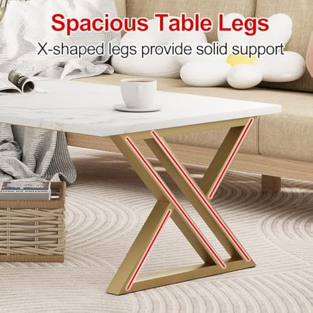 Jolof Store Modern Rectangular Coffee Table | White & Gold Metal Frame
