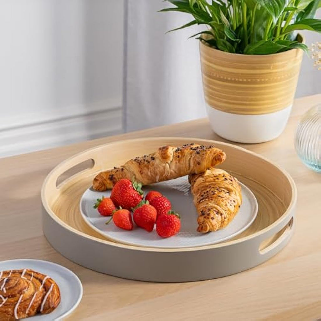 Dehaus Large Round Bamboo Serving Tray with Handles – Grey Wooden Lap Tray