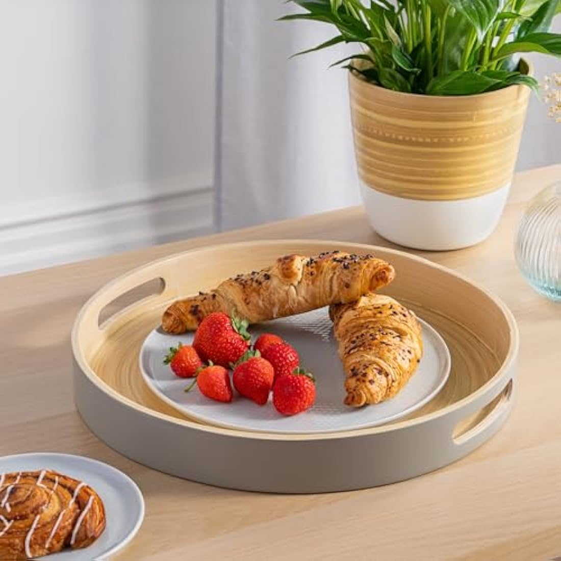 Dehaus Large Round Bamboo Serving Tray with Handles – Grey Wooden Lap Tray