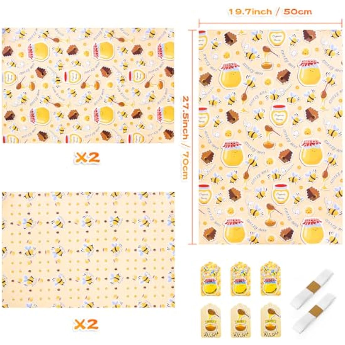 Bee Birthday Wrapping Paper - 4 Recycled Sheets with Tags