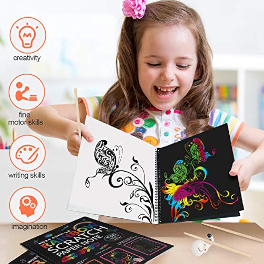 Mocoosy Rainbow Scratch Art Notebooks – 3 Pack Magic Drawing Pads for Kids