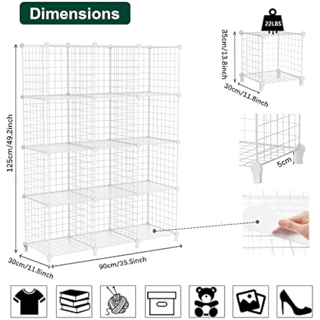 AWTATOS 12-Cube Wire Storage Shelves | Modular DIY Bookcase - White