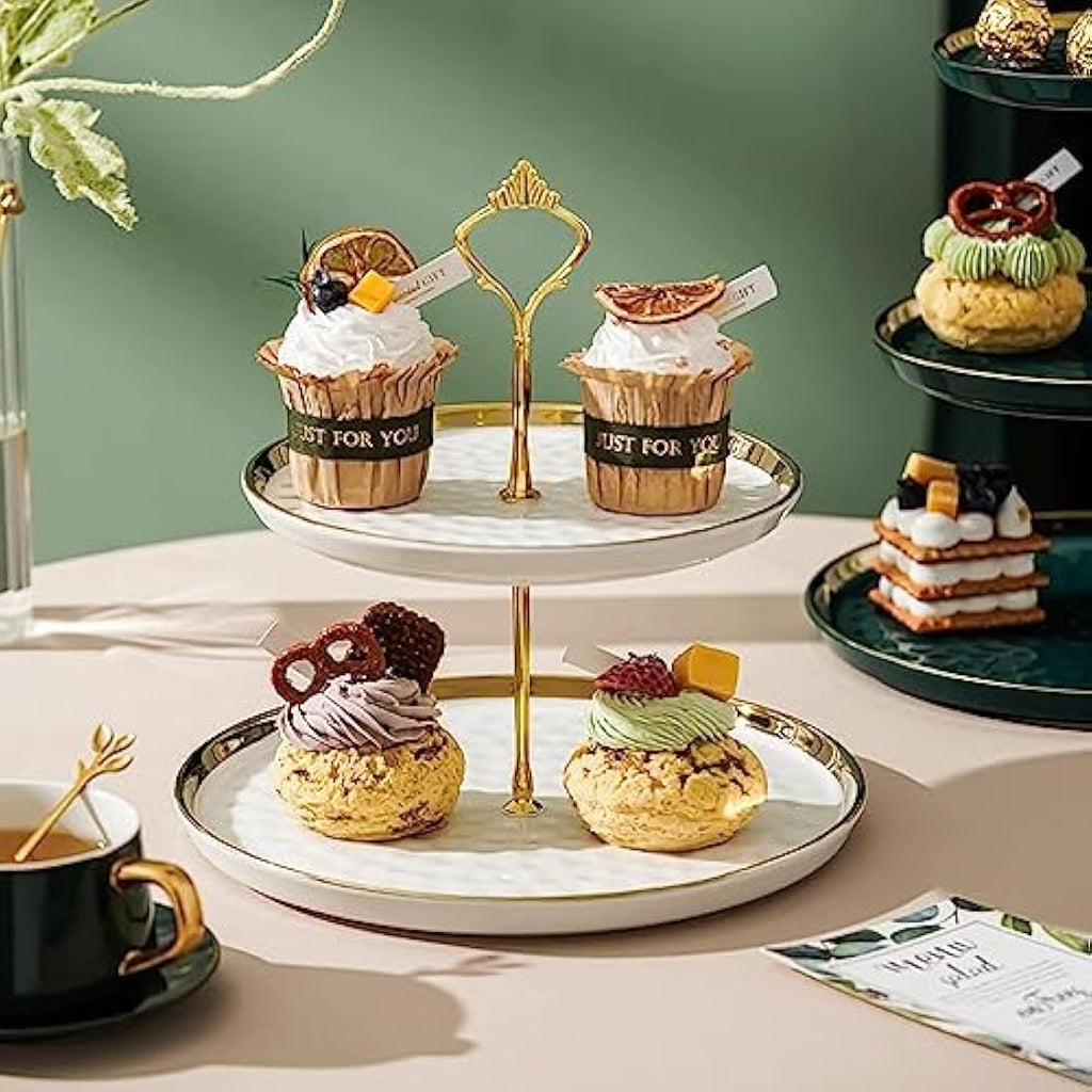 MEETOZ 2-Set White Porcelain Tiered Cupcake Stand with Gold Rods
