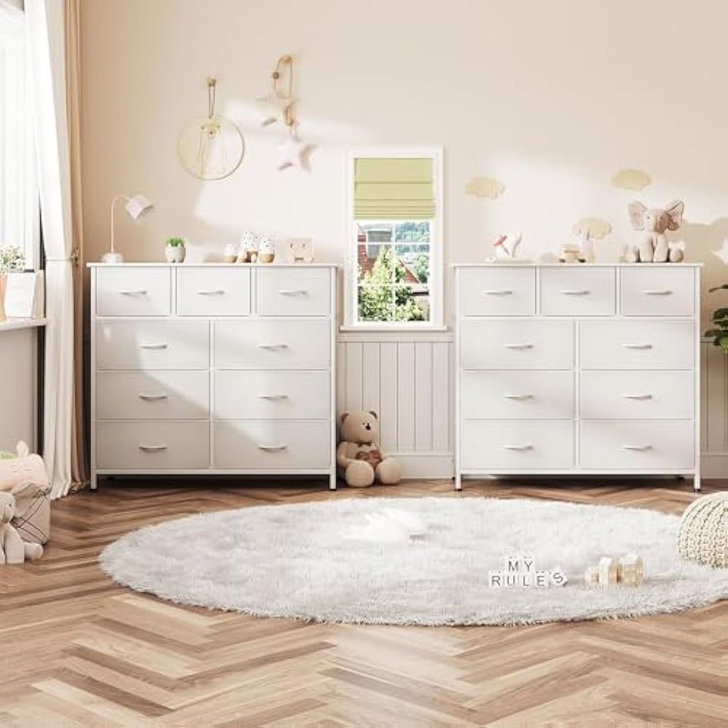 CAIYUN 9-Drawer Fabric Dresser | White Storage Chest with Wood Top