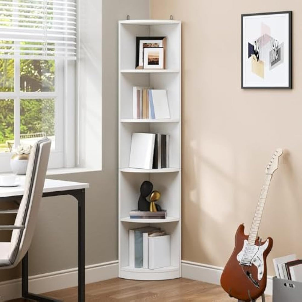 YITAHOME 5-Tier Corner Bookshelf – Modern White Wooden Display Shelf