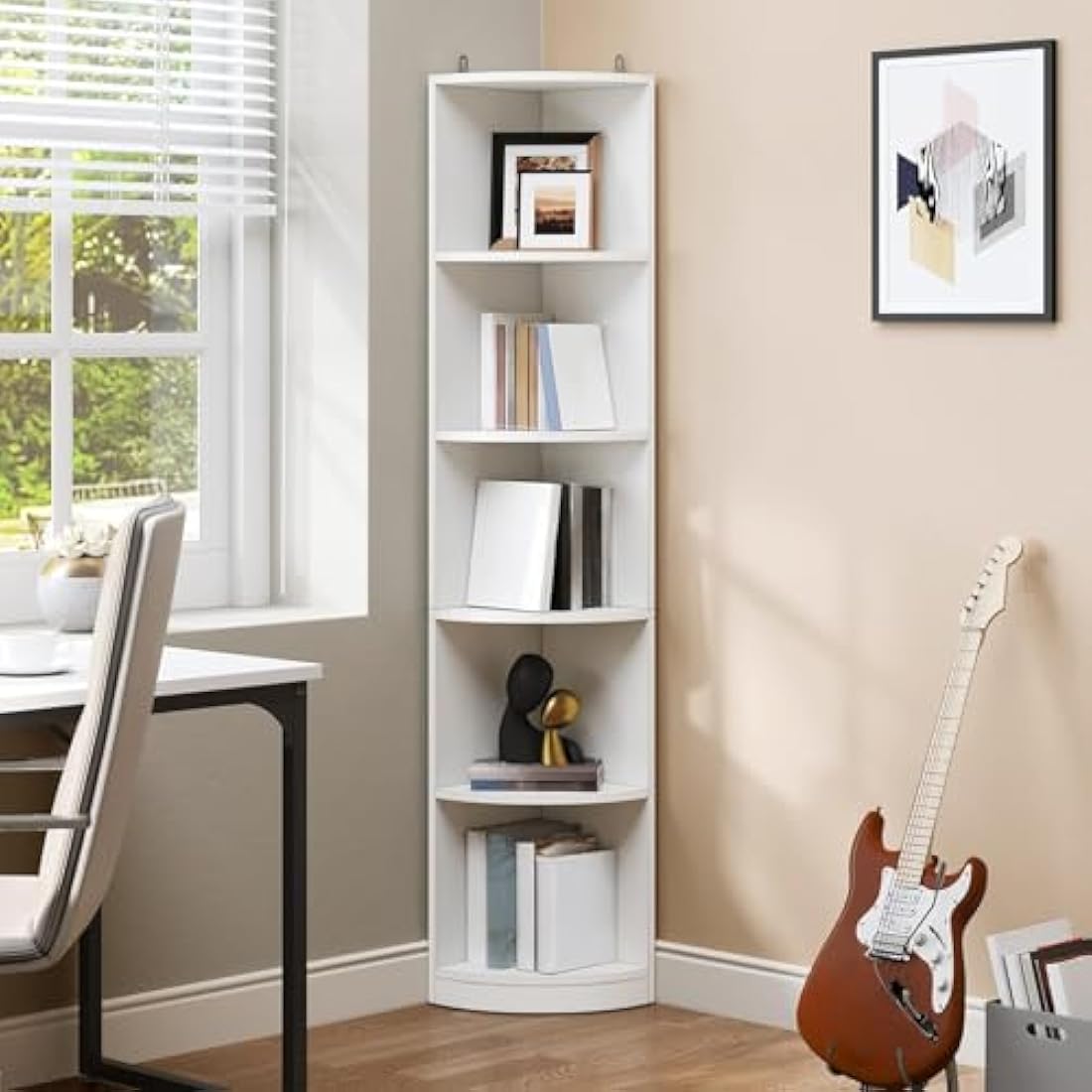 YITAHOME 5-Tier Corner Bookshelf – Modern White Wooden Display Shelf