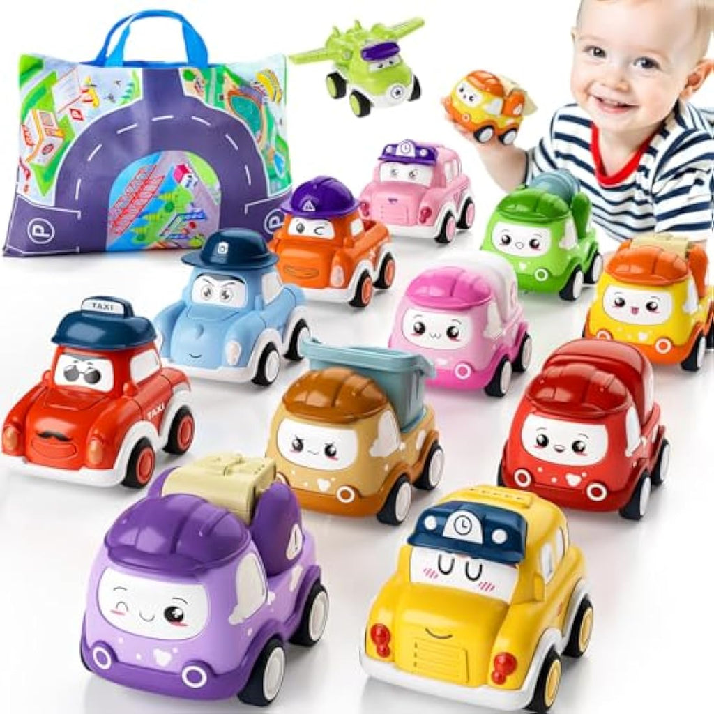 Jolof Store 12-Piece Pull Back Car Toys with 2-in-1 Play Mat Storage Bag