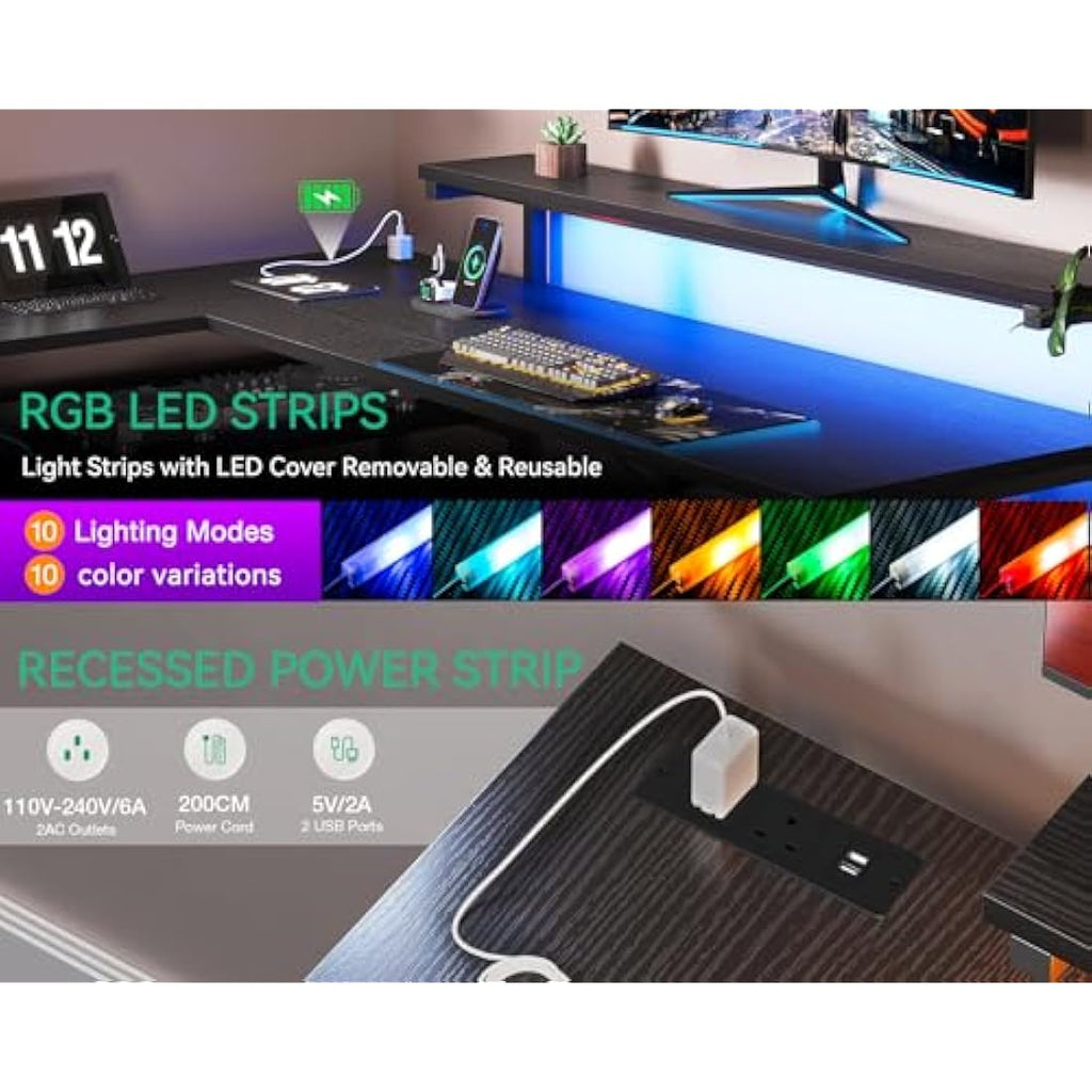 ODK L-Shaped Gaming Desk with LED Lights, Power Outlets & Drawers - Black