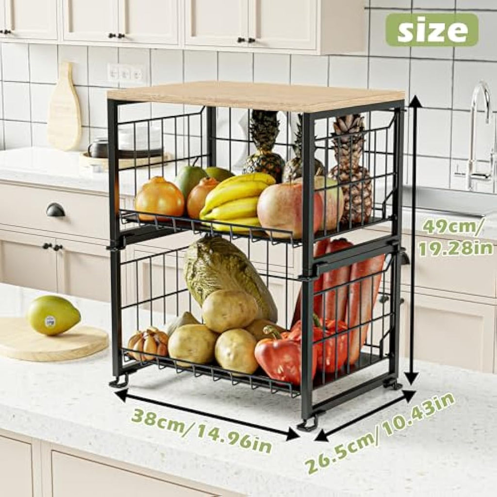 UMDONX 2-Tier Fruit Rack – Stackable Wire Vegetable Storage Basket, Black
