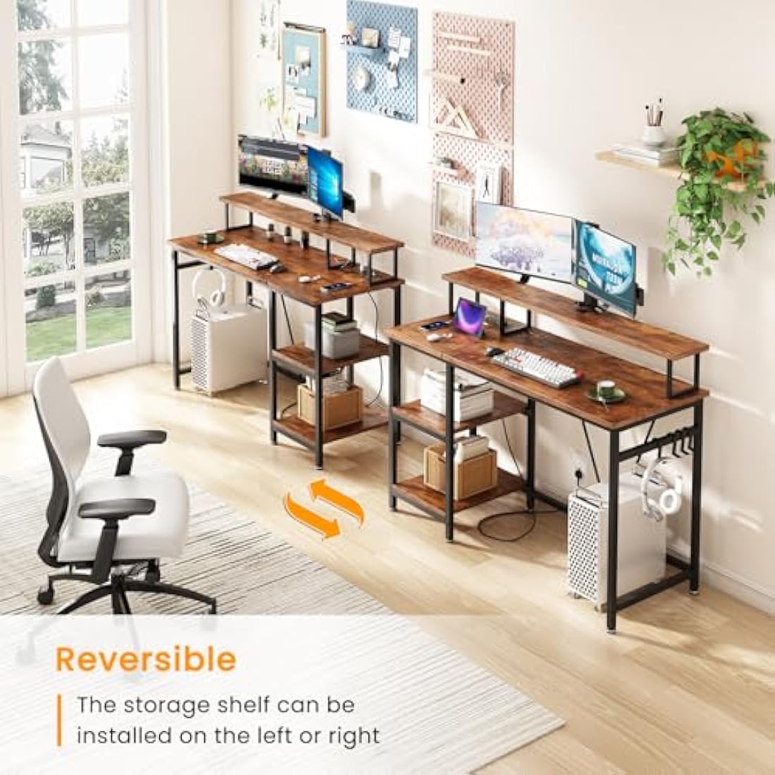 Dripex Computer Desk with Power Outlet, Monitor Stand & Reversible Shelves