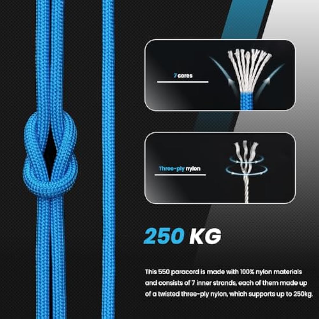 Abma Cord 550 Paracord – 100% Nylon Type III 7 Strand Rope, Blue, 10m