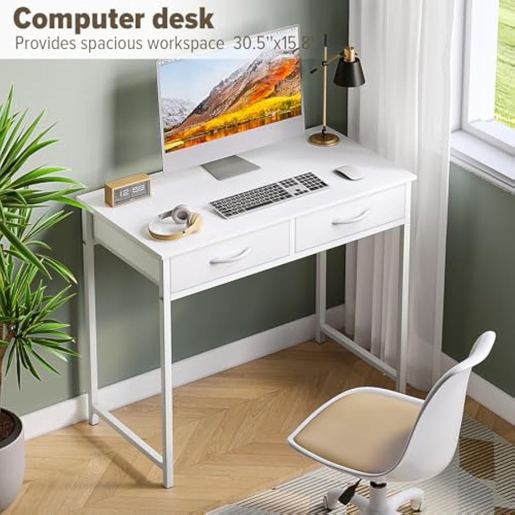 WOHOMO 31.5" Small Computer Desk with Drawers | White Vanity Table