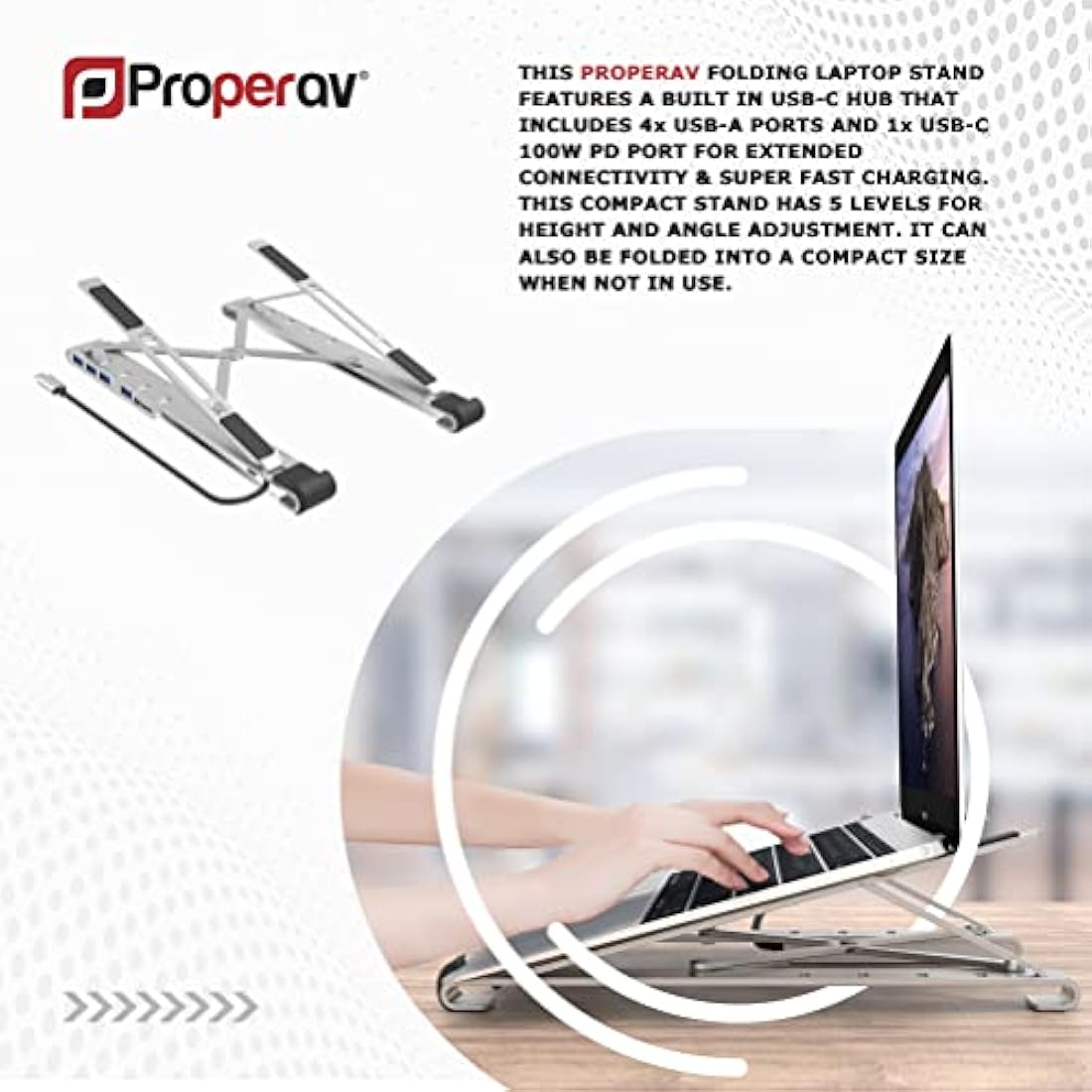 Properav Aluminum Laptop Stand with 100W USB-C Hub & 4 USB-A Ports